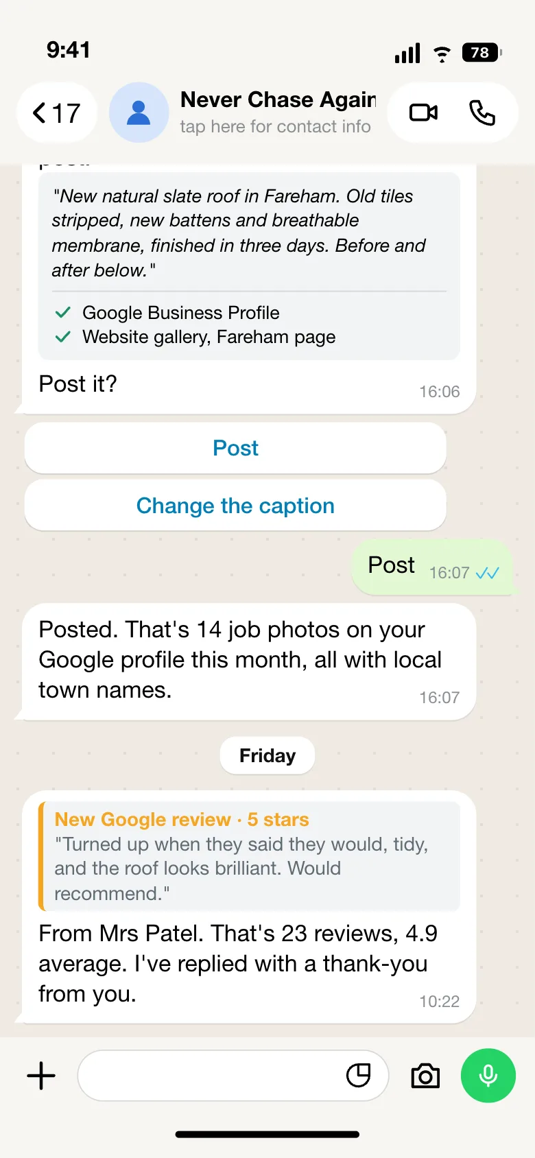 WhatsApp chat: job photos posted to Google and the website, new five-star review