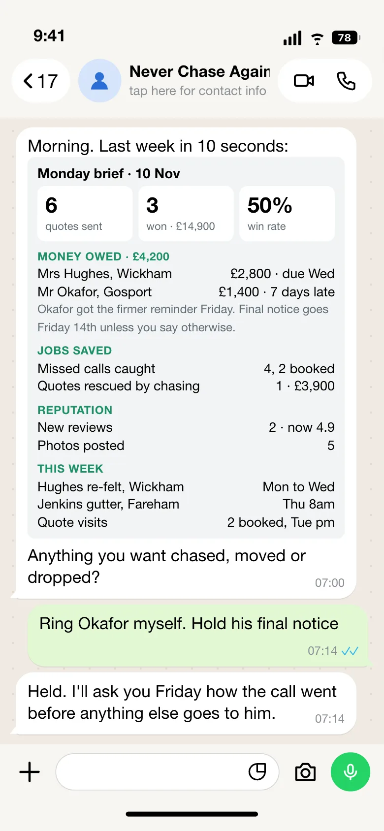 Monday brief in WhatsApp: quotes, money owed and this week's jobs